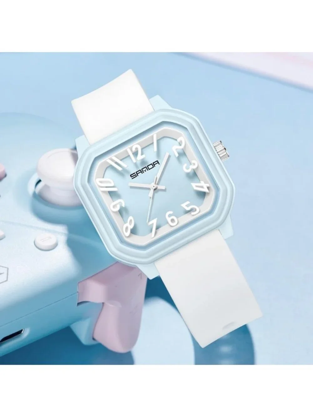 Women’s Blue White Big Arabic Numbers Silicone Strap Analog Square Wrist Watch
